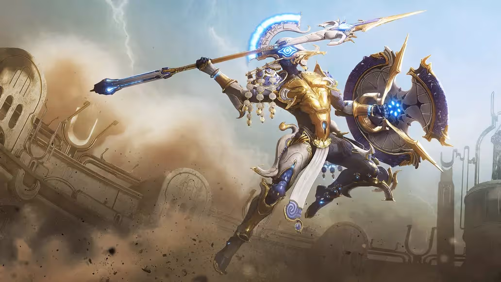 Styanax Prime wielding a spear and shield in Warframe