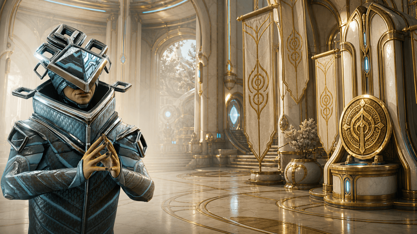Baro Ki'Teer inside an Orokin relay with a Ducat kiosk